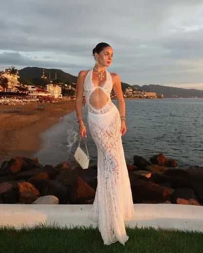 White Lace Hollow Out Halter Long Dress Women Sexy Sleeveless Off Shoulder Slim Maxi Dresses 2026 Lady Holiday Beach Vestidos