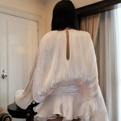 Women Solid O-neck Long Lantern Sleeve Short Dress Fashion Pleated High Waist Lace-up Mini Dresses Summer Vocation Lady Robe