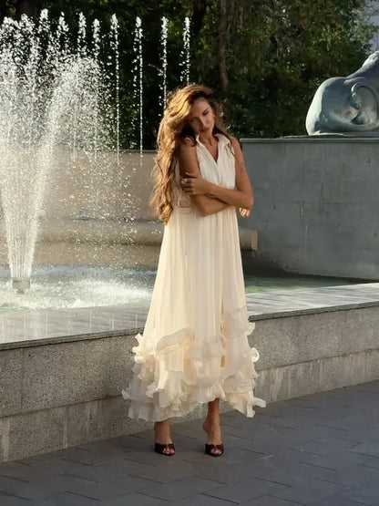 Elegant Ruffle V-neck Maxi Dress Women Chic Lapel Pleated Sleeveless High Waist Dresses Fashion 2025 Summer Lady Vacation Robes