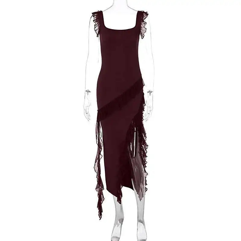 Giyu Sexy Ruffles Summer Dress 2025 Women Clothing Elegant Holiday Club Evening Party Dresses Slash Neck Split Bodycon Long Robe