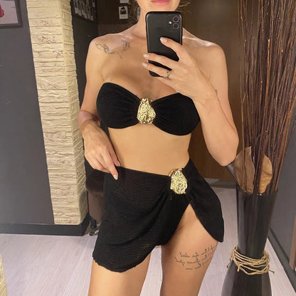 5 Colors With Skirt Bandeau Bikini Female Swimsuit Women Swimwear Three-pieces Bikini set Padded Bather Bathing Suit Swim V6624