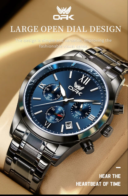 OPK 6052 Chronograph Quartz Wristwatch Original Steel Strap Waterproof Luminous Calendar Fashion Elegant Men's Business Watches
