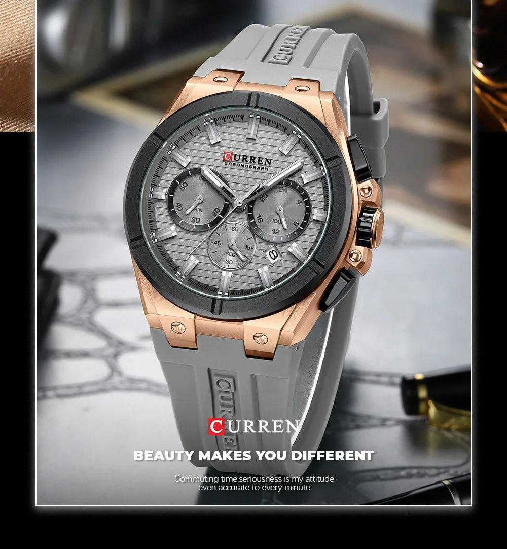 CURREN 8487 Casual Men's Quartz Wristwatch Multifunctional Chronograph Calendar Outdoor Sports Luminous Fashion Watches for Man