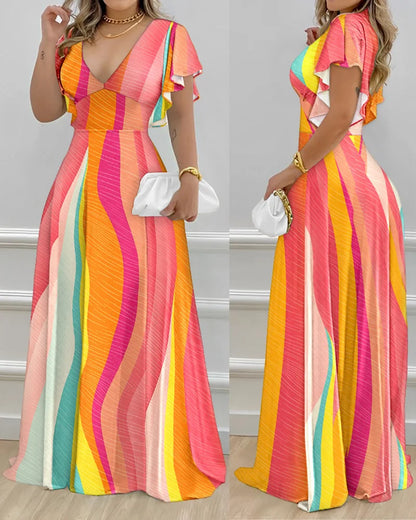 Elegant Women's Dresses Summer Fashion Split Sleeve Pearls Decor Plants Print Split Sleeve Casual V-Neck Half Sleeve Maxi Dress
