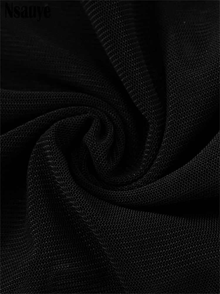 Nsauye Pullover Sexy Women Mesh Turtleneck Long Sleeve Satin Cut Out Dress Bodycon Short Club Evening Fashion Party Dress 2024