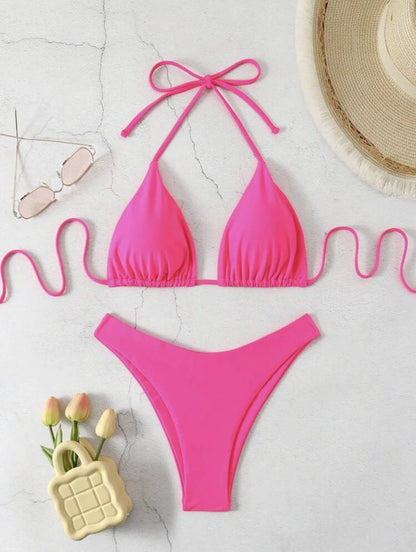2025 New Bikini Set Women Sexy Simple Solid White/Black/Coffee Halter Bikini Swimsuit Lace Up Brazilian Beach Bathing Suit