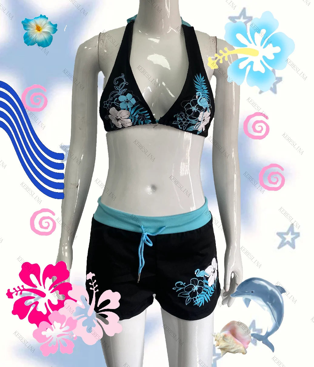 Vintage Flower print Cutie 2 set Bikini 2000s Swimsuit Sexy Women Bathing Fashion Halter Strap Swimwear High Street Beach Female