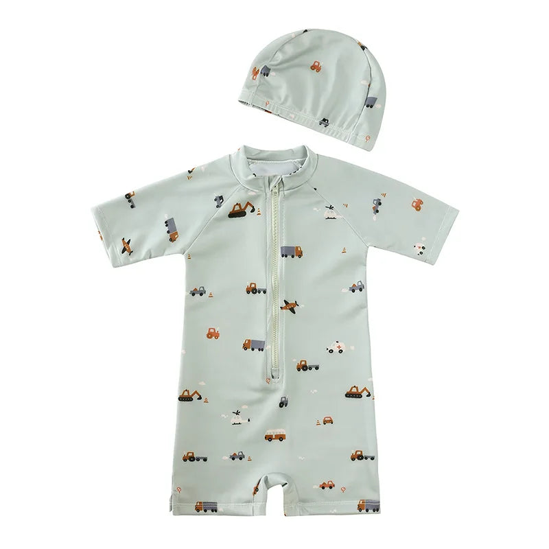 Girls Cute Backless Floral One-piece Swimsuit Baby Bikini Swimwear with hat Sun-proof Beach Vacation Toddlers Kids Chic Swimsuit