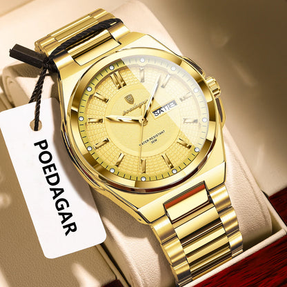 POEDAGAR Top Business Men's Watches Stainless Steel Waterproof Luminous Man Watch Date Week Quartz Casual Fashion Men Wristwatch
