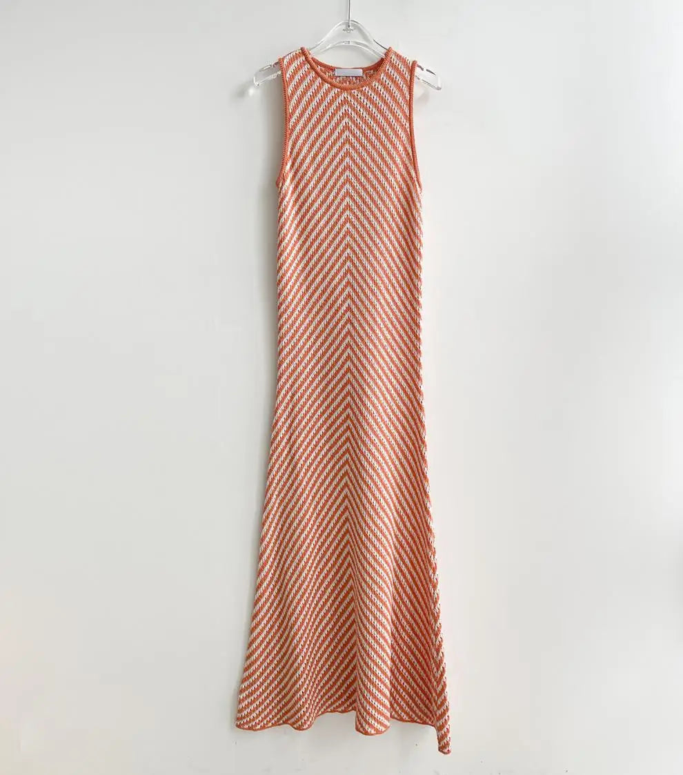 Korean chic early spring round neck striped contrast stitching hip-hugging slim sleeveless knitted dress