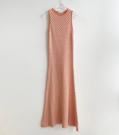 Korean chic early spring round neck striped contrast stitching hip-hugging slim sleeveless knitted dress