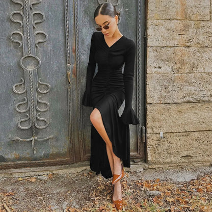 Women Elegant Ruffle Hem White Long Dress Fashion Shirring V-neck Flare Long Sleeve Dresses 2024 New Evening Party Robes Vestido