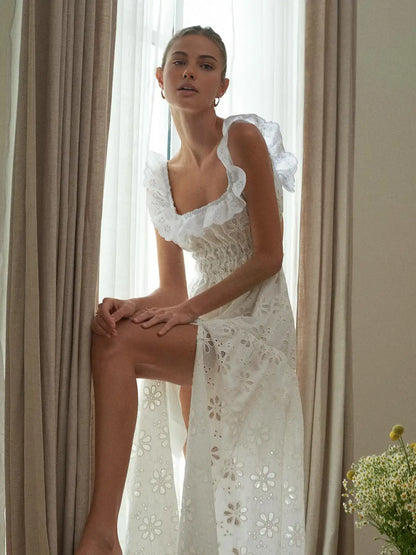 Ashgaily White Dress Women Halter Cotton Long Dress Lace Elegant Party Outfits Ladies Sexy Club Clothes