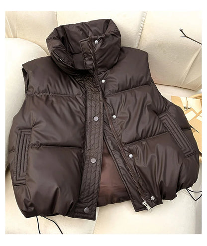 Winter Down Cotton Vest Jacket Women's 2025 New Sleevele Stand Parkas Warm Short Vest Coat Female Waistcoat Overcoat Ladies Tops