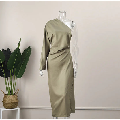 Sexy Women One Shoulder Long Sleeve Dresses Elegant Backless Split Side Slit Bodycon Dress 2023 Fashion Pleated Ladies Robe