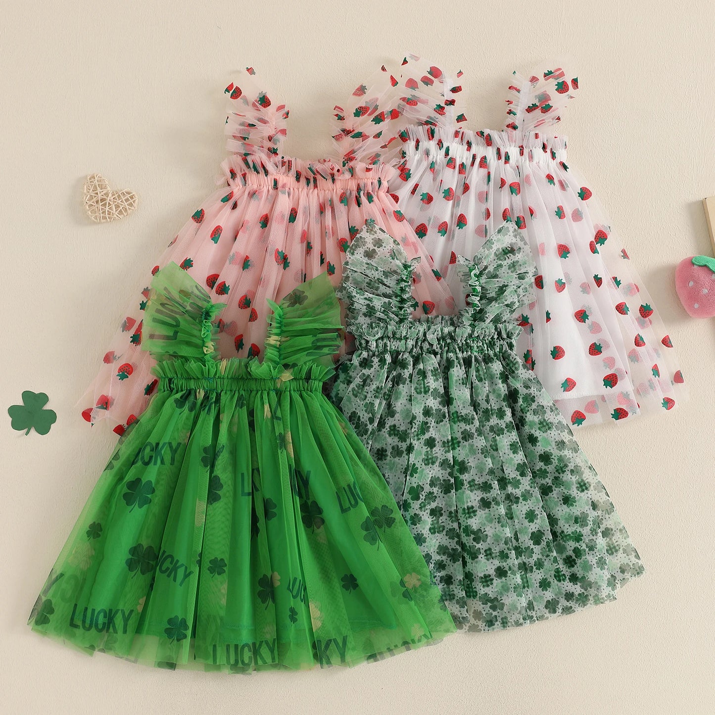MISOWMNJOY Summer Baby Girls Chiffon Dresses Princess Sleeveless Clover Strawberry Print A-line Dress Mesh Tulle Kids Sundress
