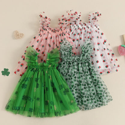 MISOWMNJOY Summer Baby Girls Chiffon Dresses Princess Sleeveless Clover Strawberry Print A-line Dress Mesh Tulle Kids Sundress