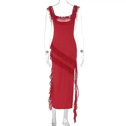 Giyu Sexy Ruffles Summer Dress 2025 Women Clothing Elegant Holiday Club Evening Party Dresses Slash Neck Split Bodycon Long Robe