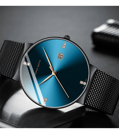 Japanese Original Quartz Movement Watch Luxury Rhinestone 40mm Blue Black Business Style Casual Fashion Stainless Steel Watches