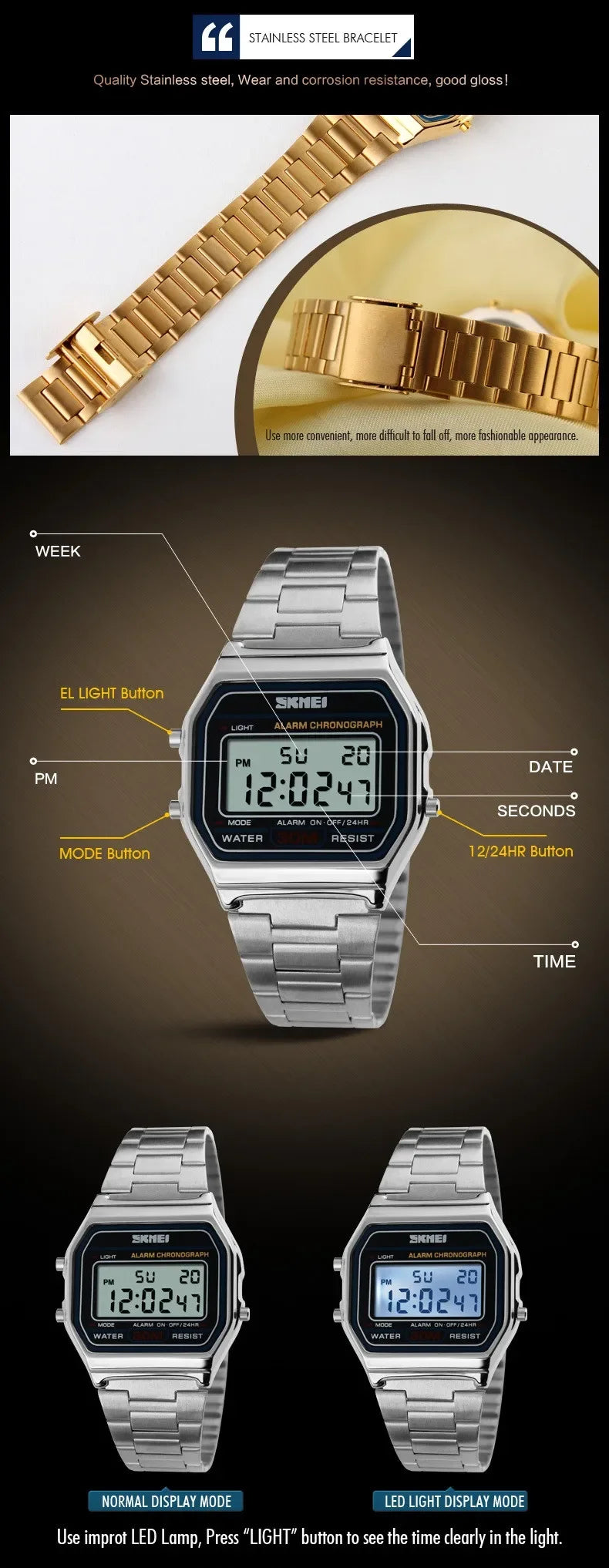 SKMEI 1123 Luxury Retro Digital Sports Watch for Men Stainless Steel Waterproof Mens Wristwatches Steel Clock 1328 Reloj Hombre