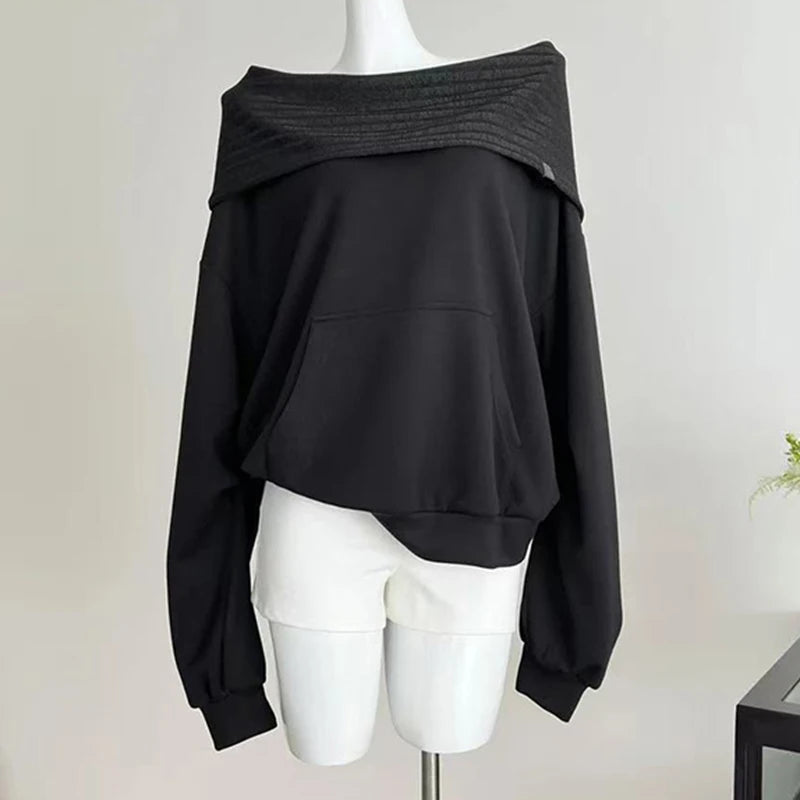 Knit Patchwork Sweatshirt Women Loose Casual Long Sleeve Sporty Top Spring Fall Chic Lazy Off Shoulder Harajuku Y2K Coat