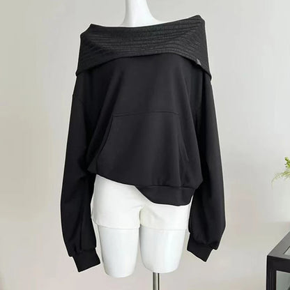 Knit Patchwork Sweatshirt Women Loose Casual Long Sleeve Sporty Top Spring Fall Chic Lazy Off Shoulder Harajuku Y2K Coat