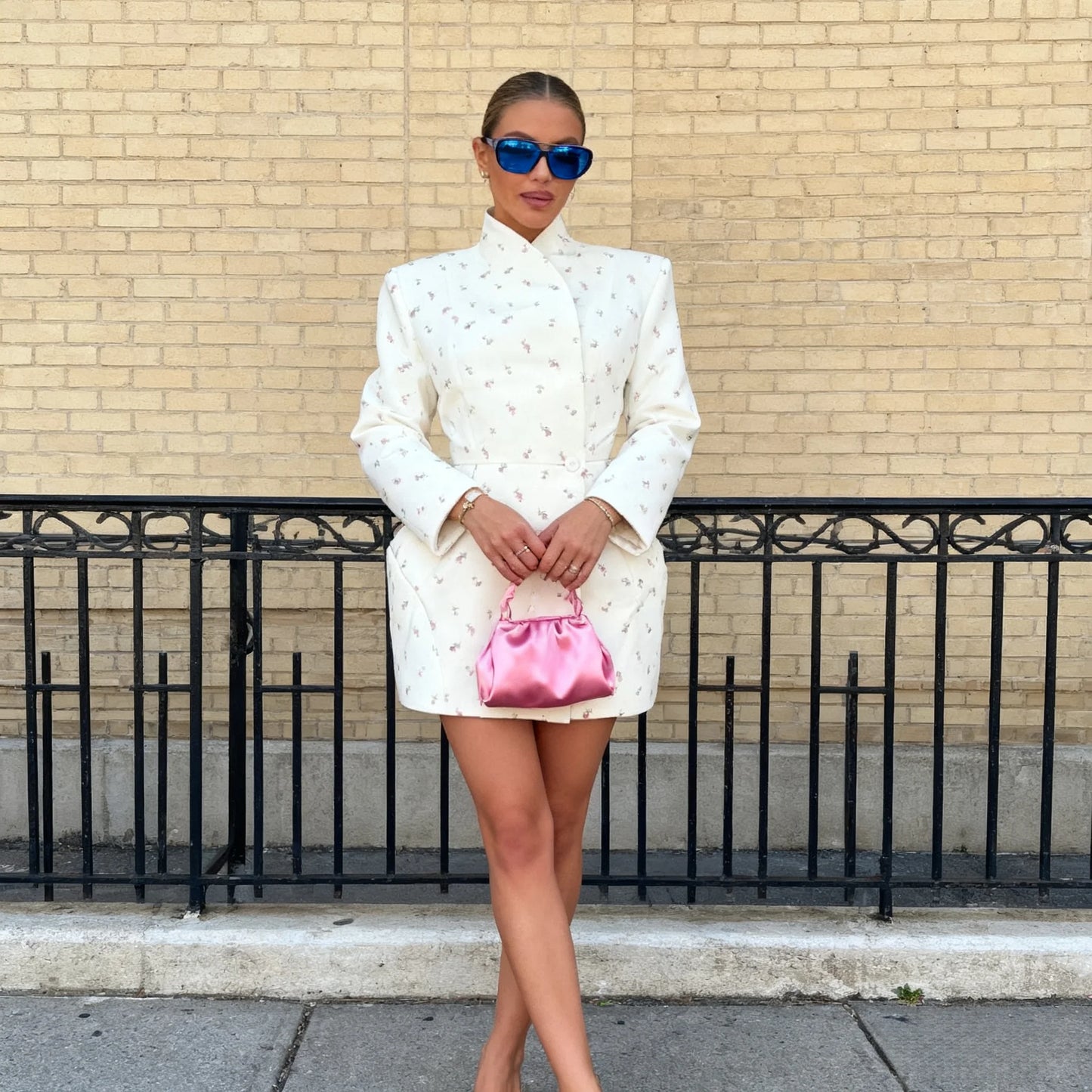 White Waist Cinching Floral Shoulder Pad Blazer Long Sleeve Single Breasted Jacket for Summer 2025 Elagant Female Outwear