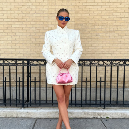 White Waist Cinching Floral Shoulder Pad Blazer Long Sleeve Single Breasted Jacket for Summer 2025 Elagant Female Outwear