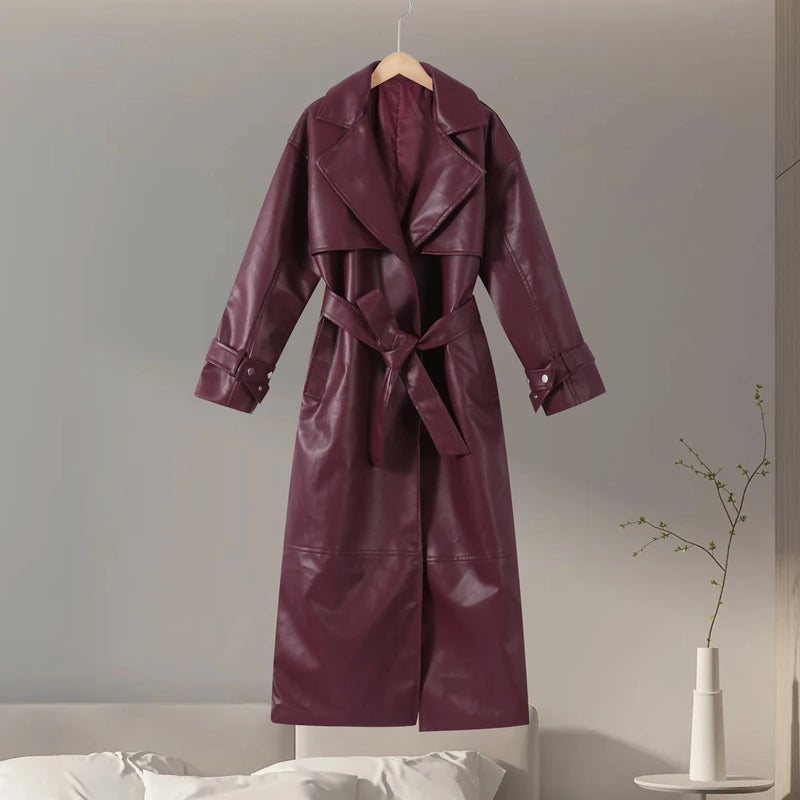 Street Pu Leather Women Long Coat Y2K Solid Belt Lapel Pocket Full Sleeve Female Jacket 2025 Autumn Winter Lady Outwear New