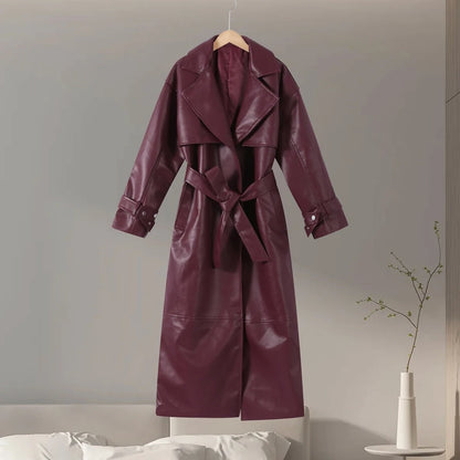 Street Pu Leather Women Long Coat Y2K Solid Belt Lapel Pocket Full Sleeve Female Jacket 2025 Autumn Winter Lady Outwear New