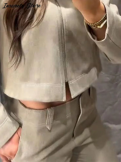 Casual Coats Pants Sets Women'S Turn-down Collar Long Sleeve Zippers Tops High Waist  Trousers 2026 Spring New Lady Chic Suit