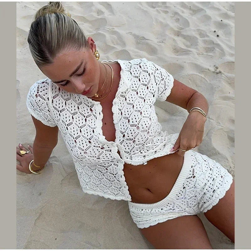 Women Solid Knitted Hollow Out Set Fashion O Neck High Waist Short Single-breasted Shirt Suit 2026 Lady Beach Vacation Outfits