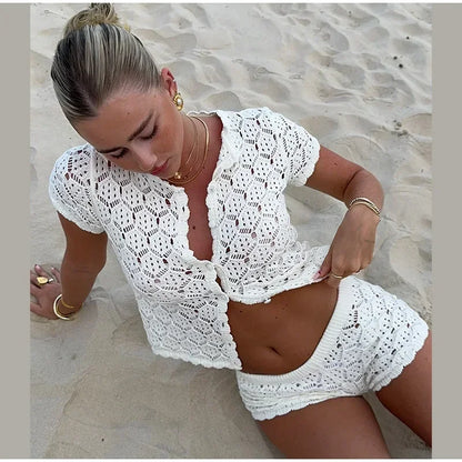 Women Solid Knitted Hollow Out Set Fashion O Neck High Waist Short Single-breasted Shirt Suit 2026 Lady Beach Vacation Outfits