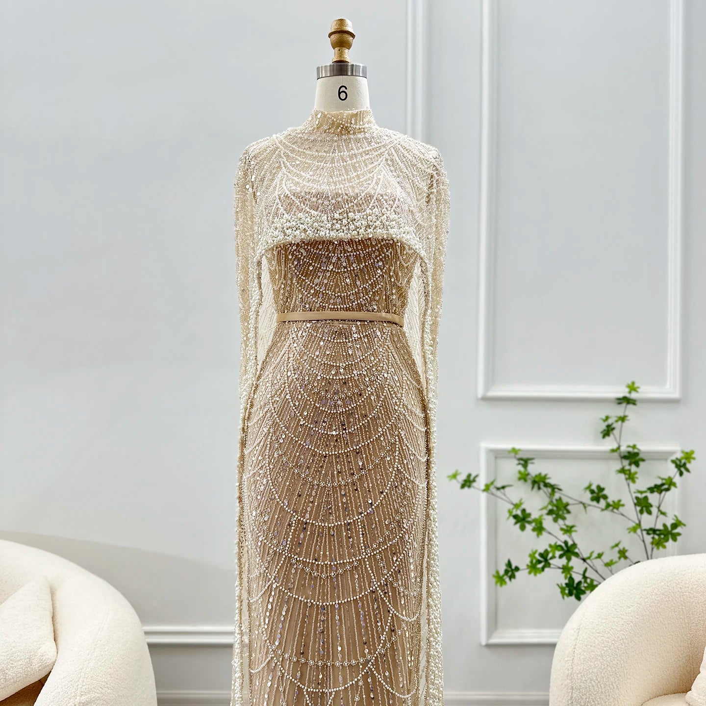 Sharon Said Luxury Pearls Dubai Champagne Evening Dresses with Cape New Arabic Women Mermaid Wedding Party Prom Dress SS369