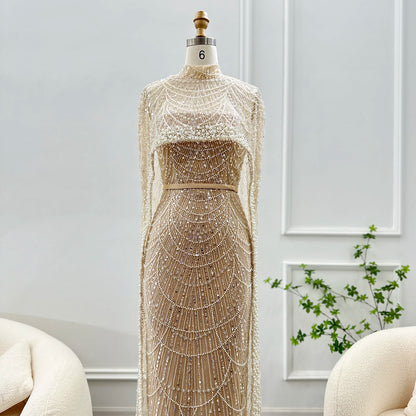 Sharon Said Luxury Pearls Dubai Champagne Evening Dresses with Cape New Arabic Women Mermaid Wedding Party Prom Dress SS369