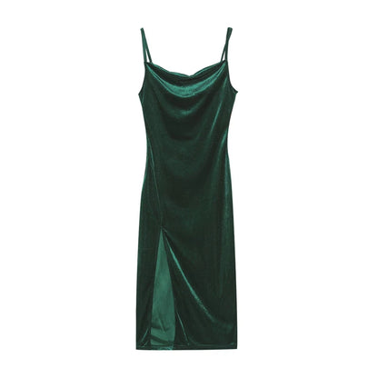 Velvet Swing Collar Sleeveless Slip Sexy Slit Maxi Dress 2024 New Fashion Evening Party Women Elegant Streetwear Y2K