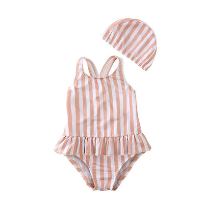 Girls Cute Backless Floral One-piece Swimsuit Baby Bikini Swimwear with hat Sun-proof Beach Vacation Toddlers Kids Chic Swimsuit