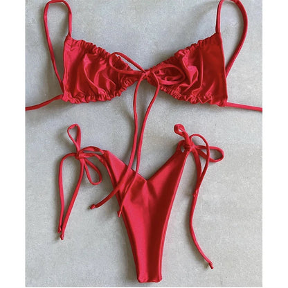 BIQIUYYI Brazilian Sexy Micro Mini Thong Bikini Set Summer Bandage Swimsuit Women Pleated Bathing Suit Beachwear Halter Biqiuni