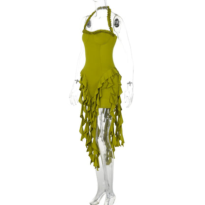 Dulzura Sleeveless Halter Ruffles Patchwork Mini Dress Women’S Solid Sexy Outfit Prom Party Clubwear Autumn Winter Clothes