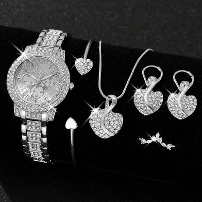 Women's Quartz Watch Gold Luxury Women Ring Necklace Earring Rhinestone Fashion Wristwatch Casual Ladies Watches Jewelry Set ﻿