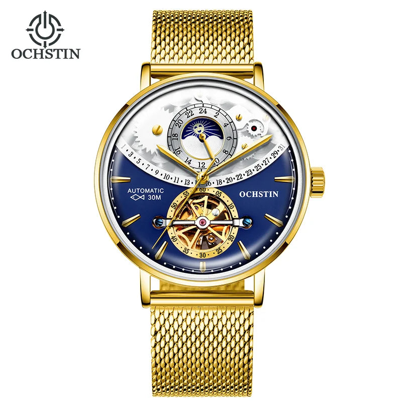 OCHSTIN Men's Stainless Steel Mesh Bracelet Watches Man High-Grade Cooktop Glass Skeleton Mechanical Flying Tourbillon Watch