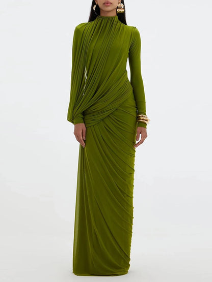 VGH Elegant Vintage Spliced Ribbon Dresses for Women Turtleneck Long Sleeve Irregular Folds Evening Luxurious Maxi Dress Female