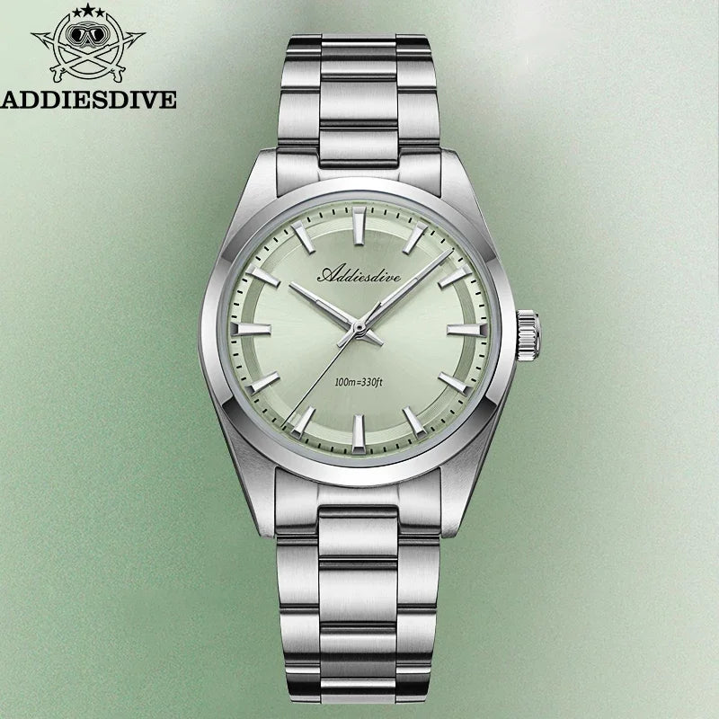 ADDIESDIVE Hot Sale AD2066 Mens Watch 36mm Bubble Mirror Glass Mint Green Quartz Watches Waterproof Luxury Stainless Steel Clock