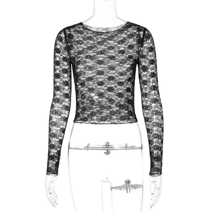Mooyufon Long Sleeves See Through Lace Crop Top Solid Sexy Bodycon T-Shirt For Women Party Club Autumn Winter Clothes