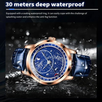 OLEVS 9923 Moon Phase Automatic Mechanical Watches for Man Fashion Leather Strap Waterproof Starry Sky Blue Luxury Men's Watches