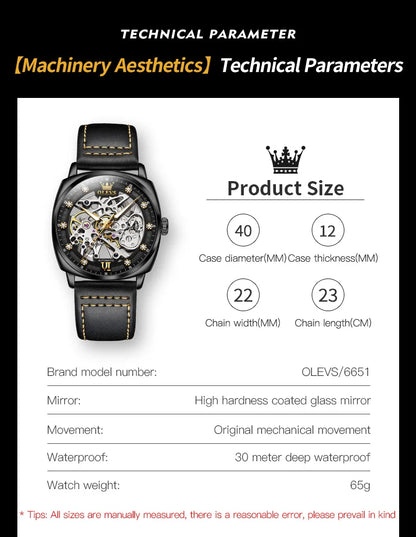 OLEVS 6651 Transparent Hollow Automatic Watches for Men Leather Strap Tonneau PUNK Style Mechanical Writwatch Luxury Man Watch