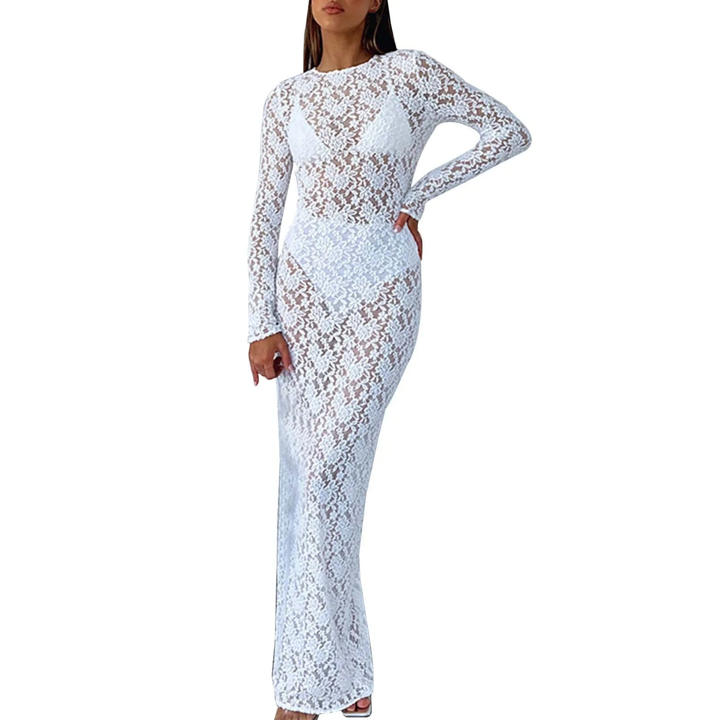 Sexy Women'S Summer O-Neck Long Sleeve Hollow Out White Lace Dress Streetwear Elegant See-Through Bodycon Black Party Dresses