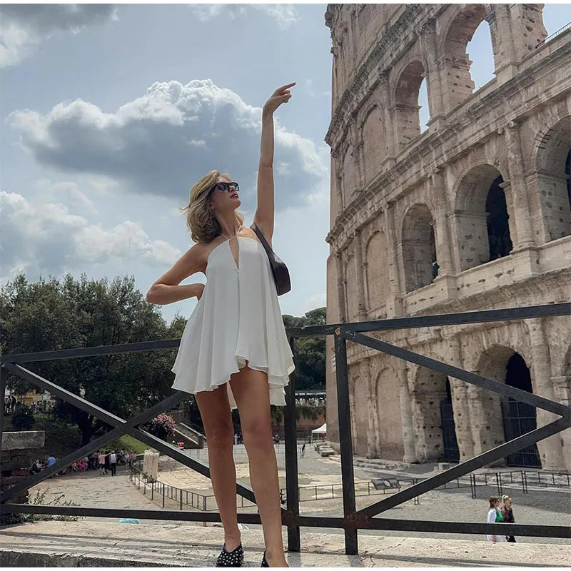 Sexy White Halter Backless Short Dresses Back Lace Up Tie-Waist Sexy Summer Beach Party High-Street Mini Dress Vestido For Woman