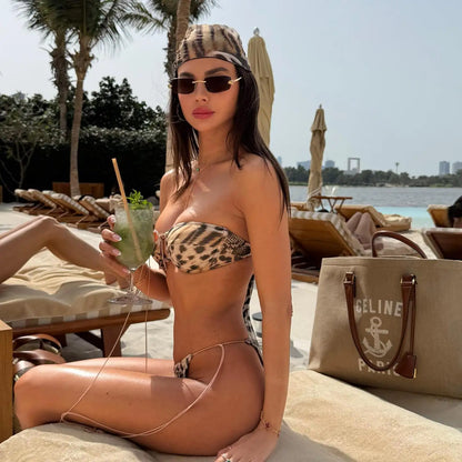 Sexy Swimsuit Bikini Women Leopard Print Swimwear Gold Ring High Leg Two Piece Bathing Suit Strappy Beachwear Biquini