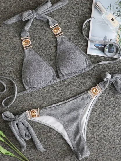 2026 Shiny Rhinestone Diamond Bikini Women Swimsuit Female Swimwear Two Pieces Bikini Set Halter Metal Chains Bathing Suit Swim